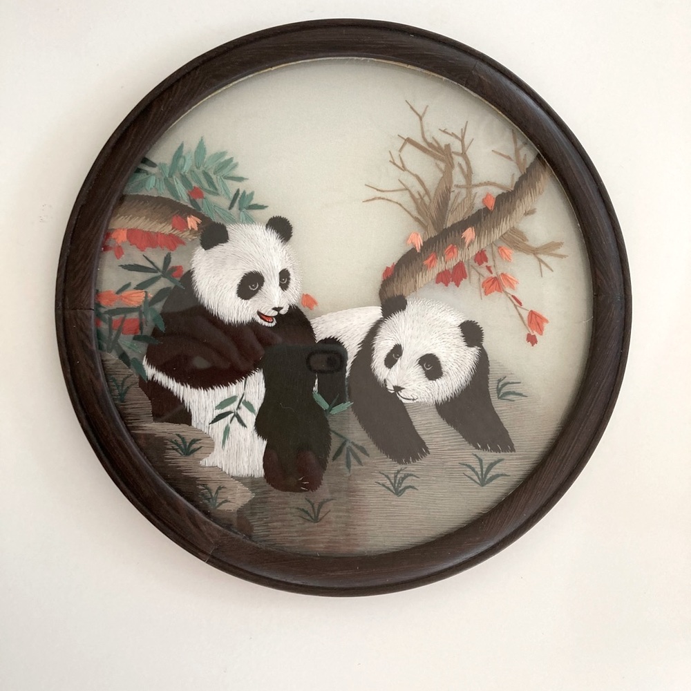 Vintage Embroidered Pandas Framed Art